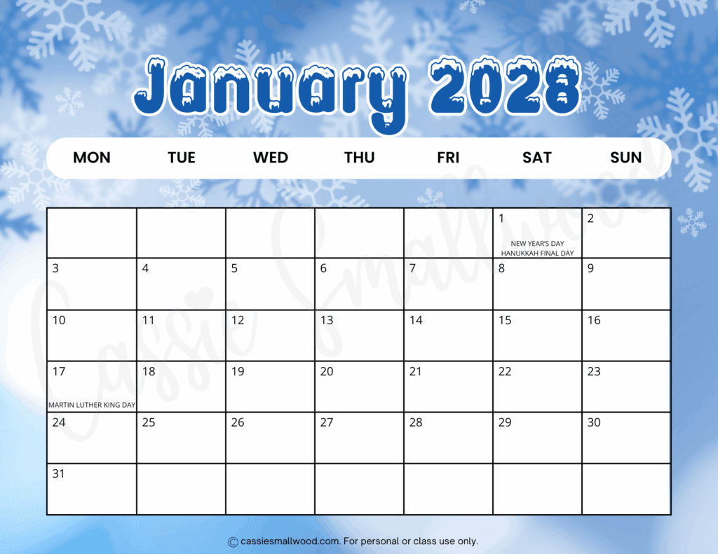 Free printable January 2028 Calendar pdf, cute Monday start 2028 monthly calendar with holidays landscape