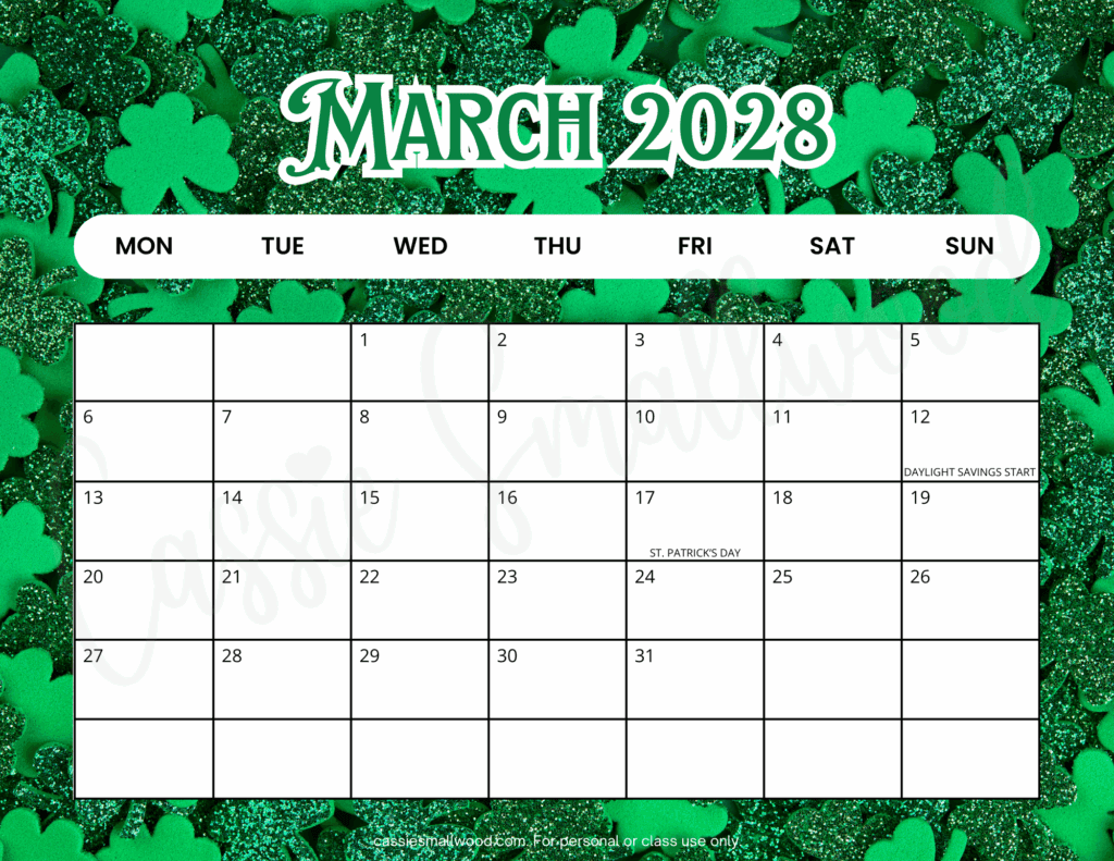 Free printable March 2028 Calendar pdf, cute Monday start 2028 monthly calendar with holidays landscape horizontal colorful school