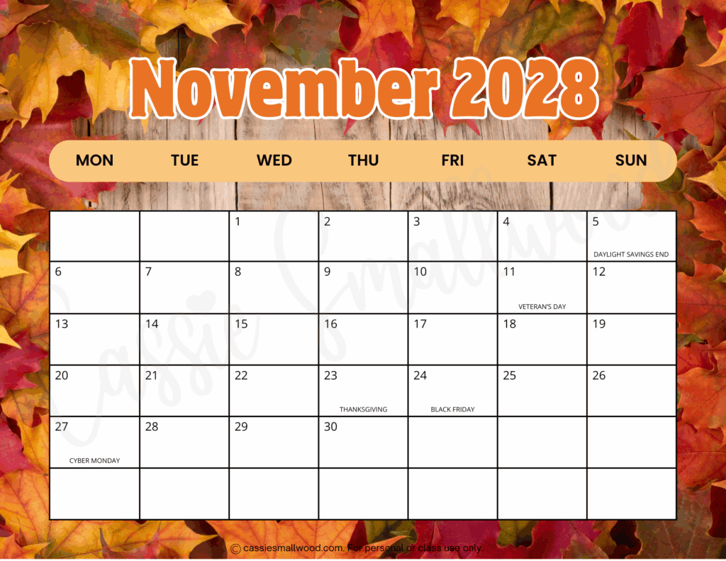 Free printable November 2028 Calendar pdf, cute Monday start 2028 monthly calendar with holidays landscape horizontal colorful school