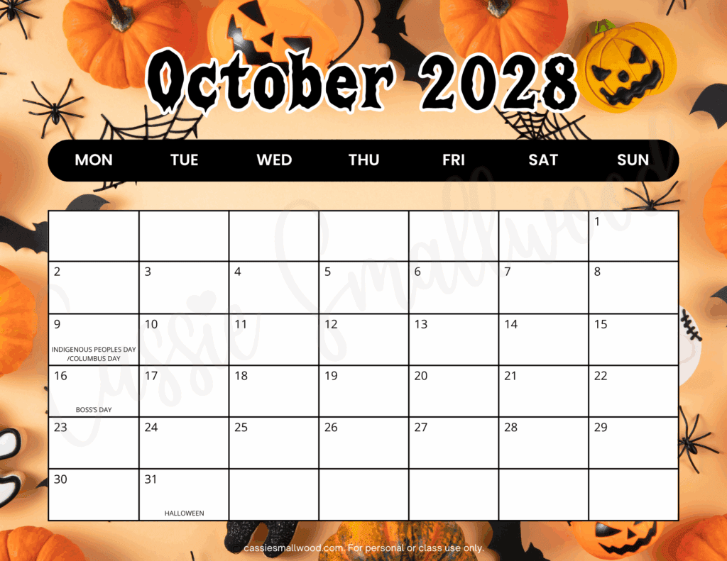 Free printable October 2028 Calendar pdf, cute Monday start 2028 monthly calendar with holidays landscape horizontal colorful