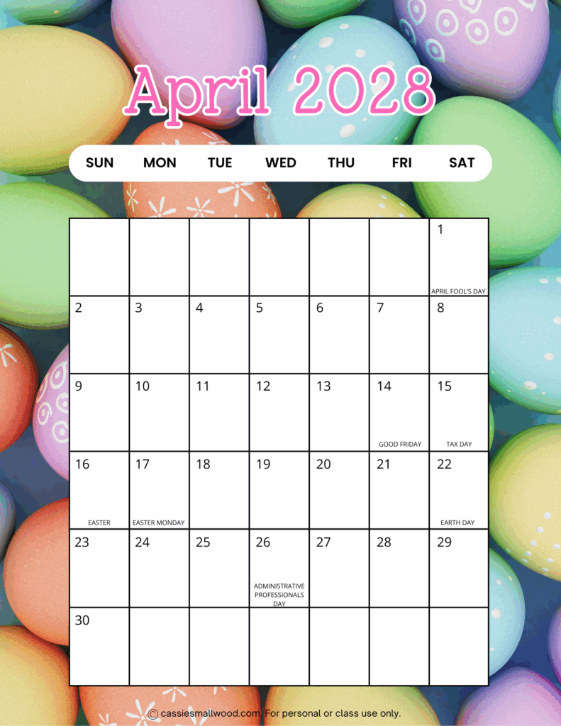 Free printable portrait April 2028 calendar pdf, vertical cute 2028 monthly wall calendar with holidays full page sheet colorful beautiful aesthetic