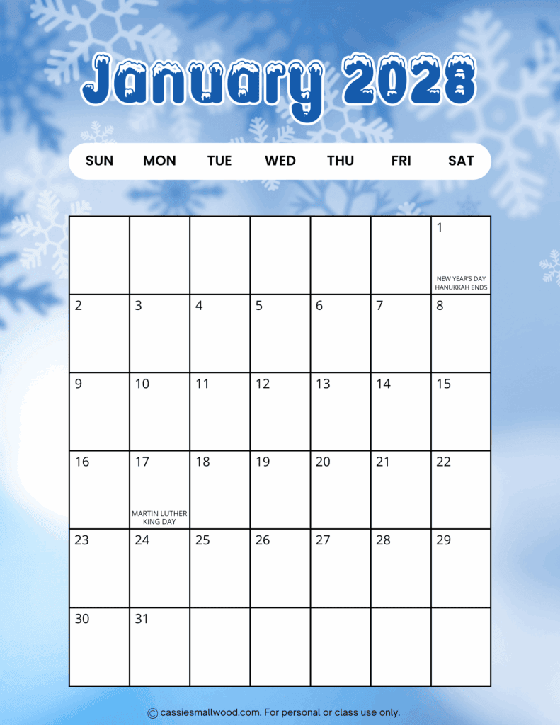 Free printable portrait January 2028 calendar pdf, vertical cute 2028 monthly wall calendar with holidays full page sheet colorful beautiful
