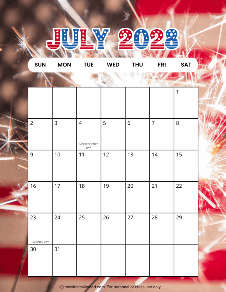 Free printable portrait July 2028 calendar pdf, vertical cute 2028 monthly wall calendar with holidays full page sheet colorful template