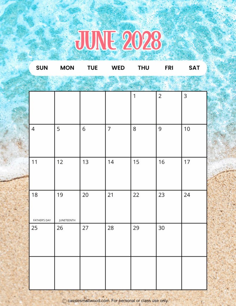 Free printable portrait June 2028 calendar pdf, vertical cute 2028 monthly wall calendar with holidays full page sheet colorful