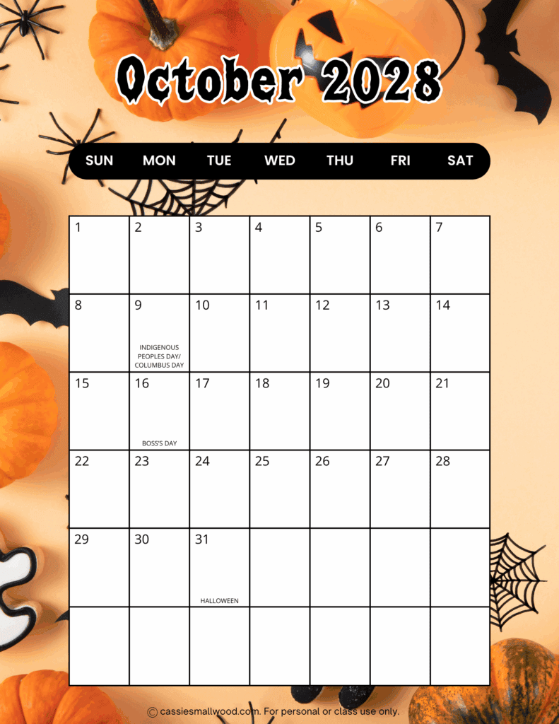 Free printable portrait October 2028 calendar pdf, vertical cute 2028 monthly wall calendar with holidays full page sheet colorful beautiful aesthetic