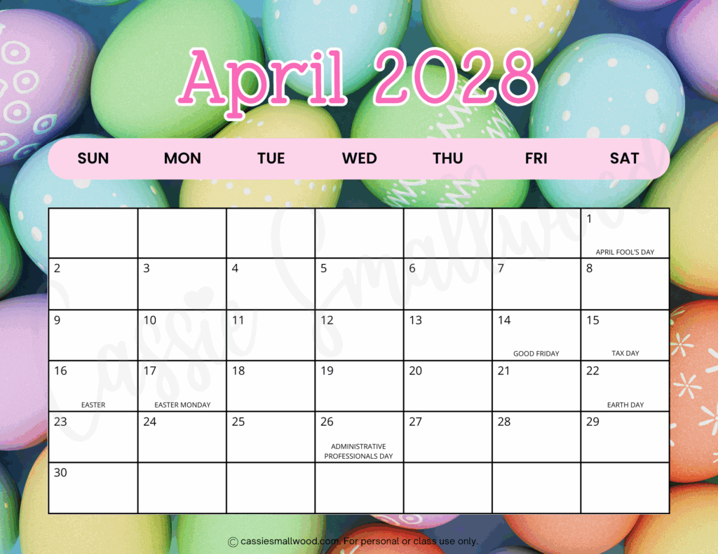 colorful April 2028 calendar with holidays free printable pdf, cute calendar for year 2028 printable free