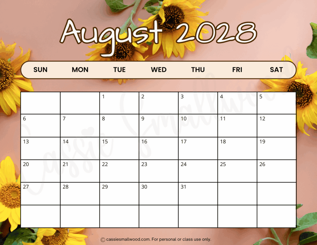 August 2028 calendar with holidays free printable pdf, cute 2028 monthly calendar colorful template printable free