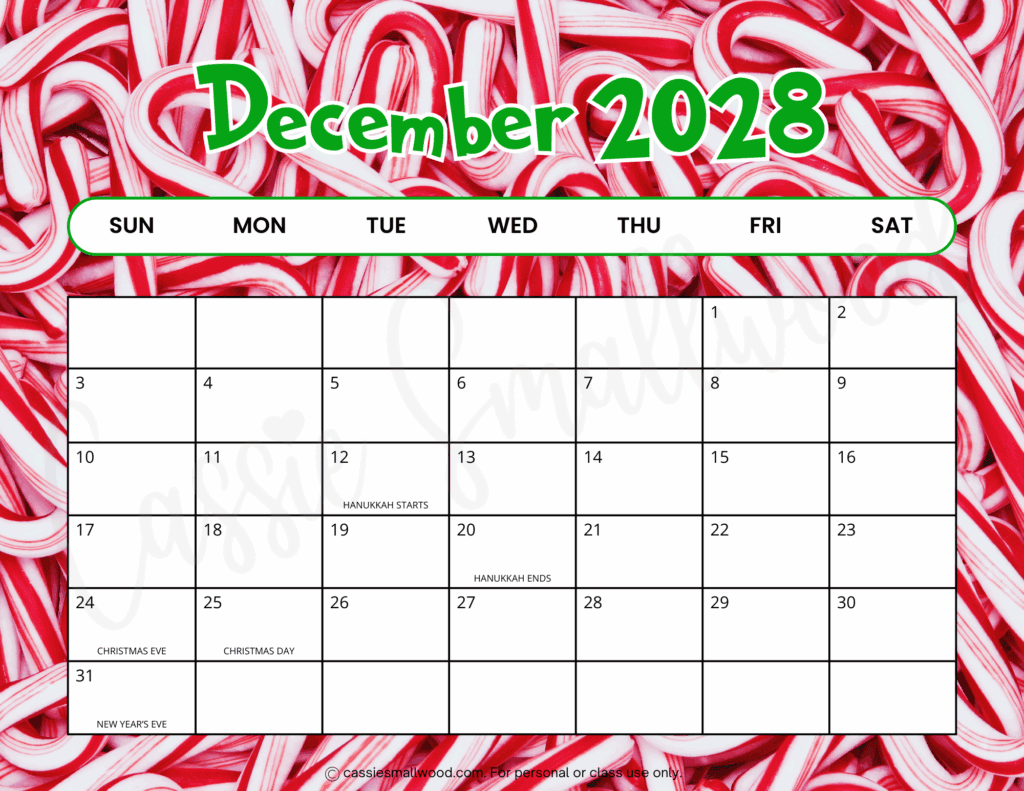 cute December 2028 calendar with holidays free printable pdf, fun 2028 monthly wall calendar to print for free horizontal