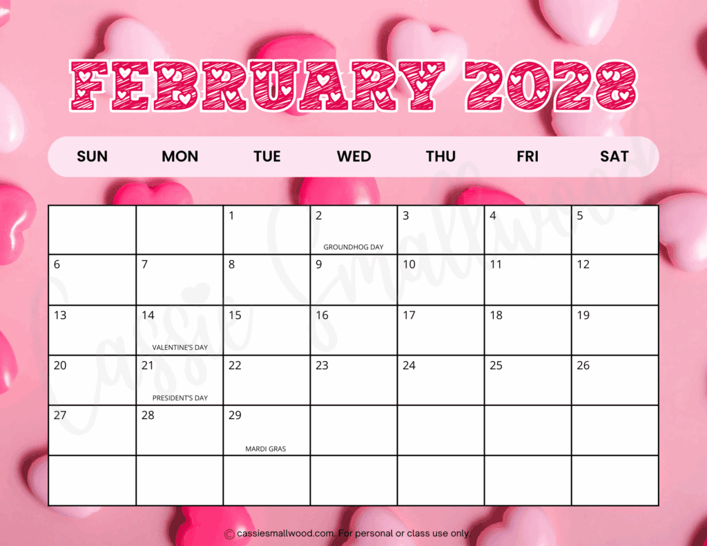 cute February 2028 calendar with holidays free printable pdf, 2028 year calendar annual 12 month printable