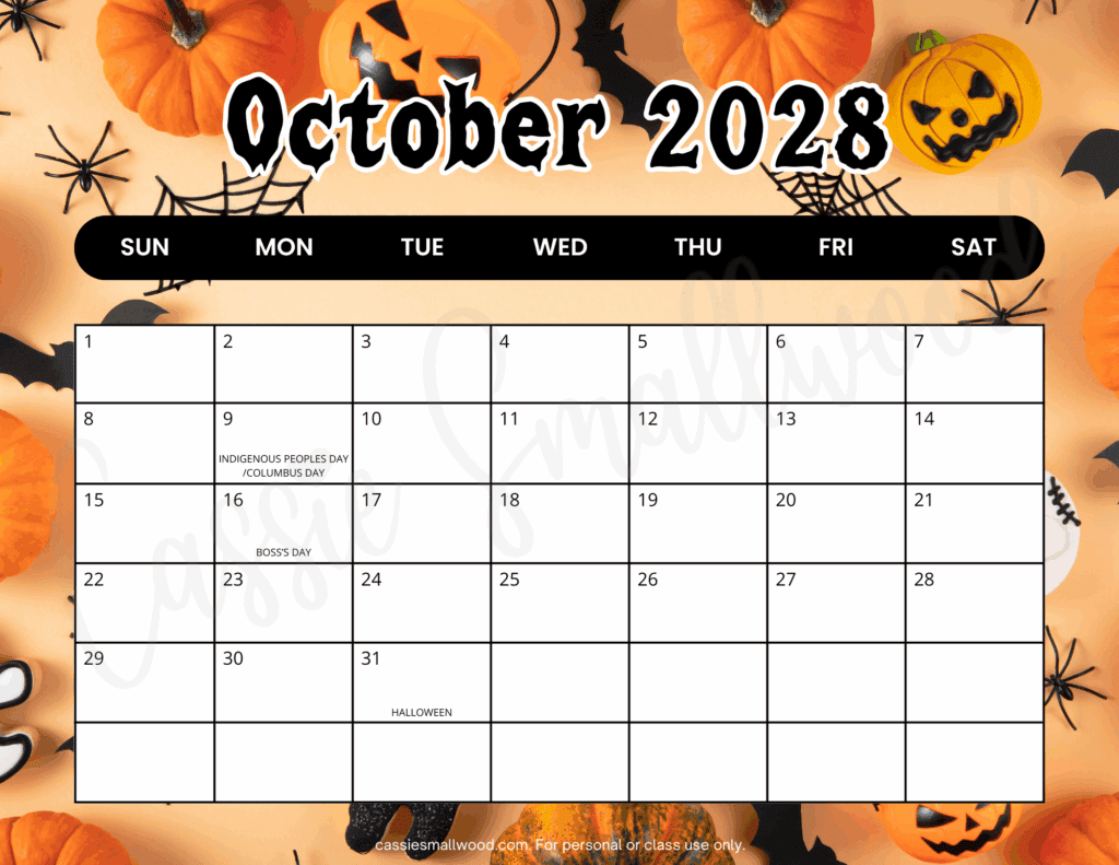 Free printable October 2028 calendar with holidays pdf, cute 2028 wall calendar landscape full page