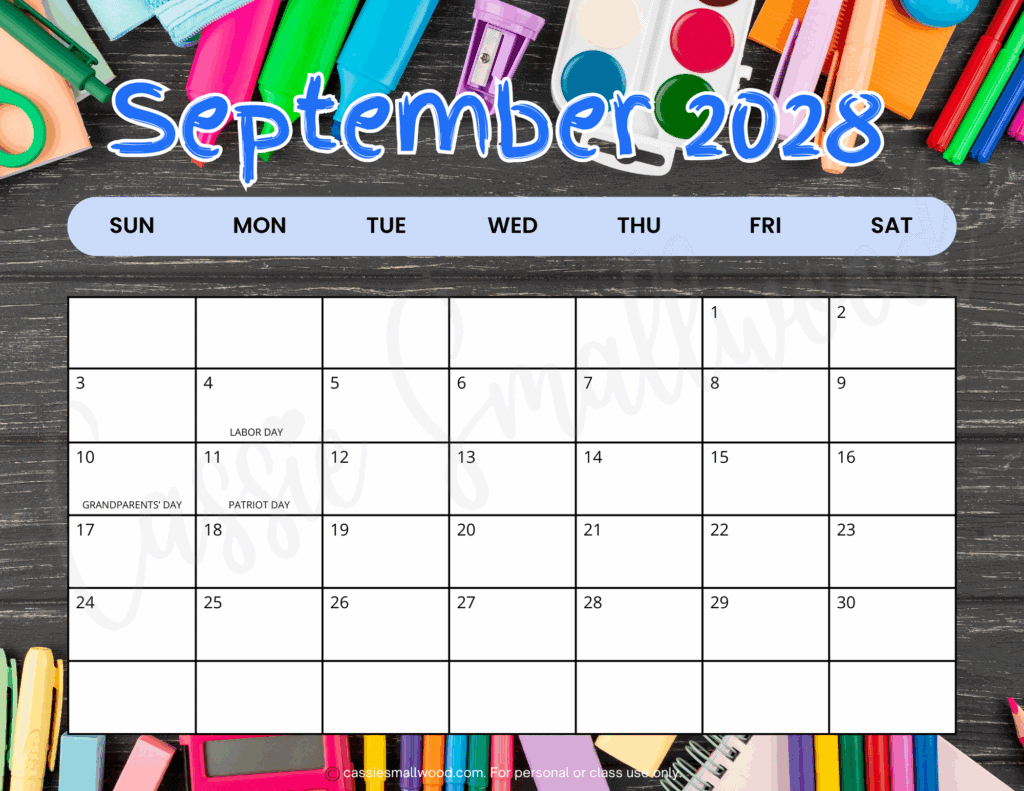 cute colorful September 2028 calendar with holidays free printable pdf, Sunday start 2026 printable calendar landscape