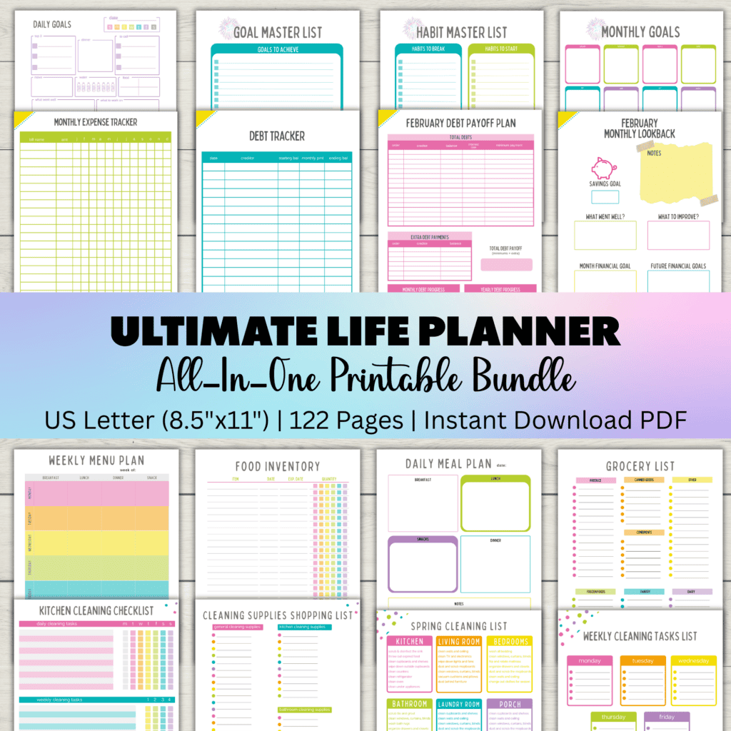 printable life planner pdf, cute goal planner printable, budget planner aesthetic, cleaning planner and checklists, weekly, daily, and monthly meal planner sheets