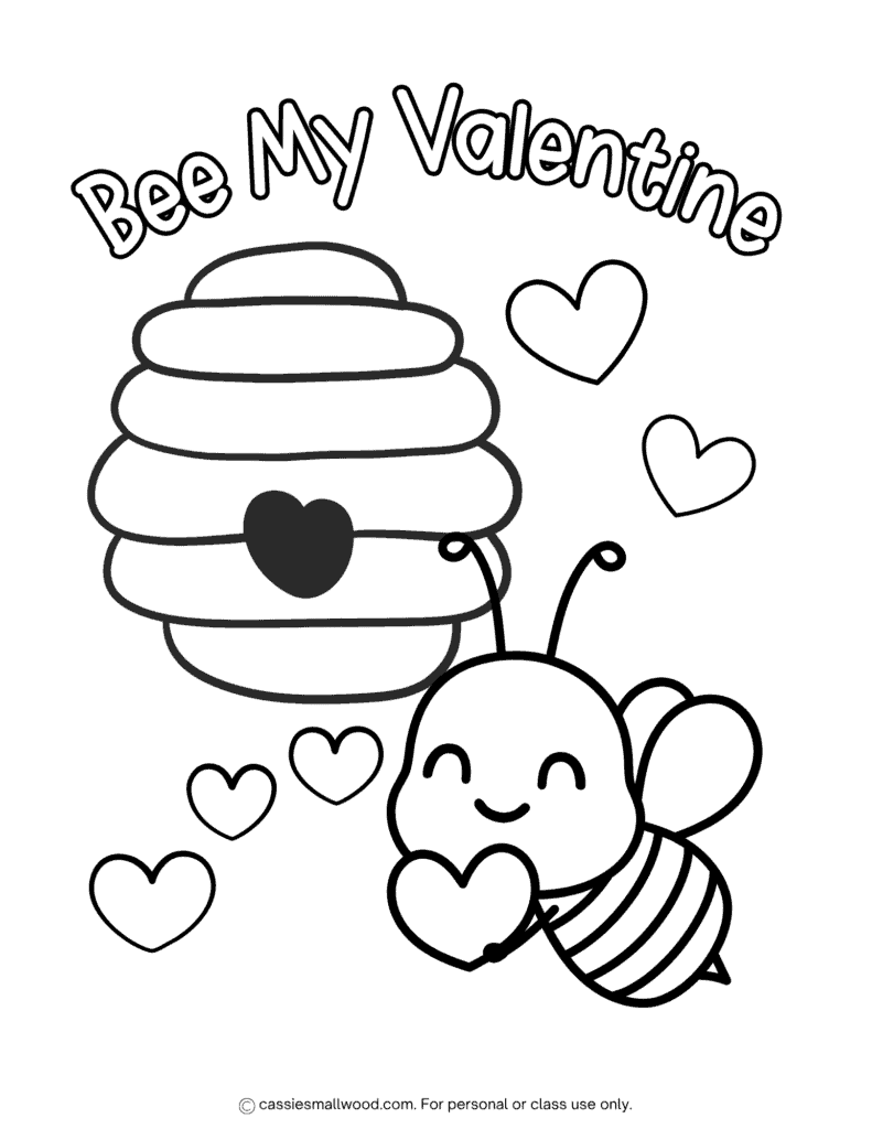 cute Be my valentine coloring page free printable pdf, easy bee Valentine coloring sheet preschool kindergarten