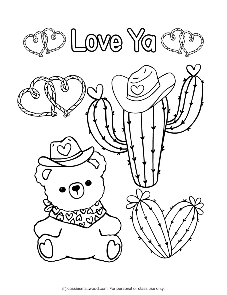 desert cactus Valentine coloring page for kids free printable pdf, western cowboy teddy bear love ya coloring sheet for Valentine's Day