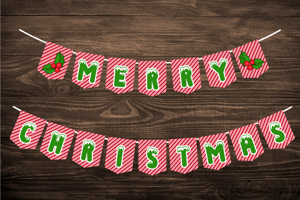 Candy cane stripe Merry Christmas party banner free printable pdf download, Christmas banner template colorful for kids