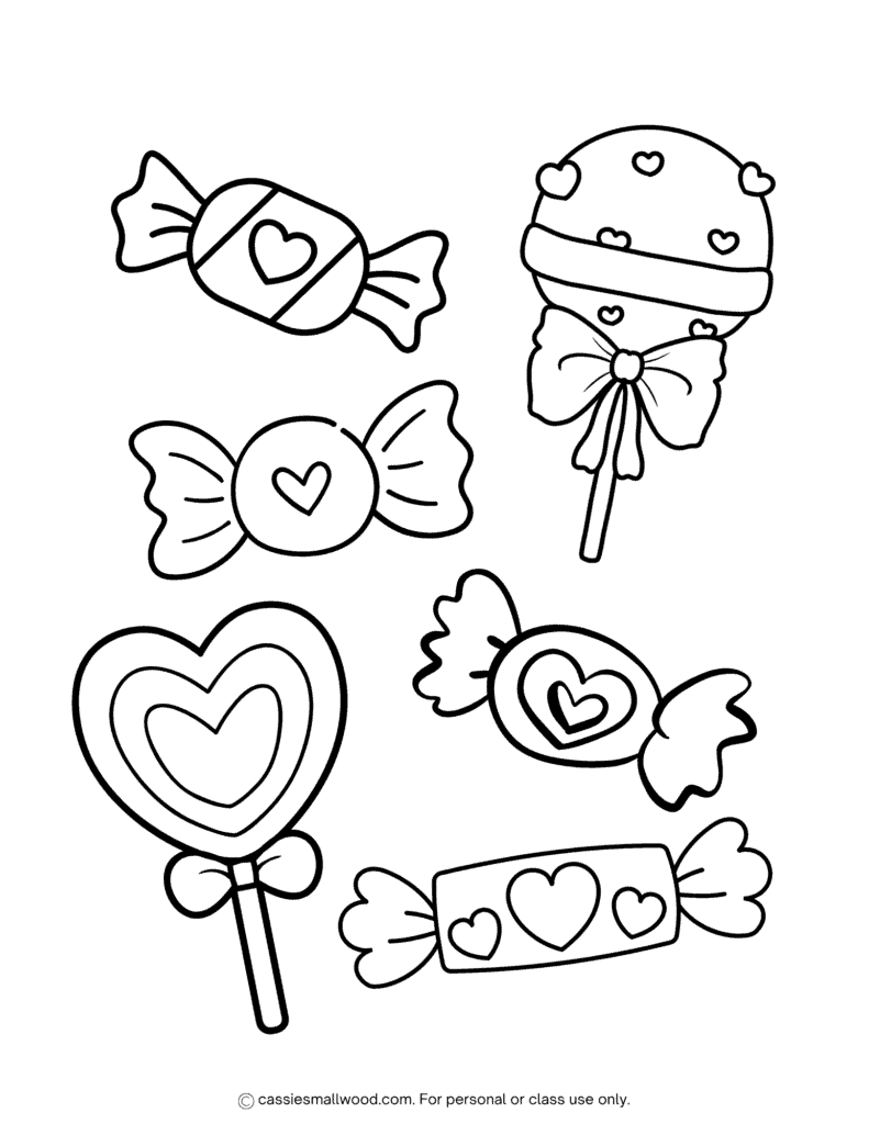 candy Valentine's Day coloring page free printable pdf, Valentine sweets coloring sheet for kids