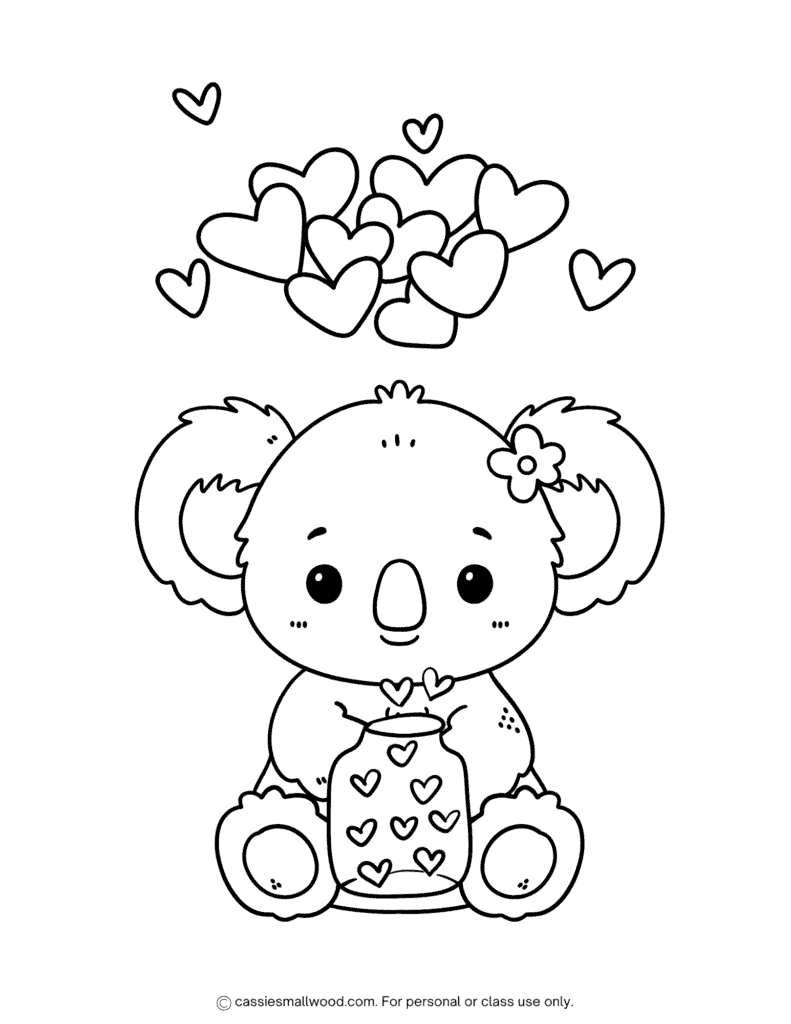 cute cartoon koala Valentine's Day coloring page free printable pdf, animal Valentine coloring page for kids easy