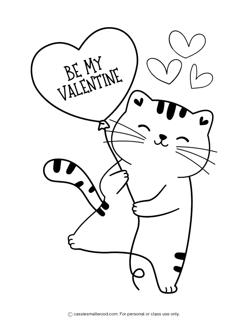 Cat Valentine's Day coloring page free printable pdf, animal Valentine coloring pages for kids