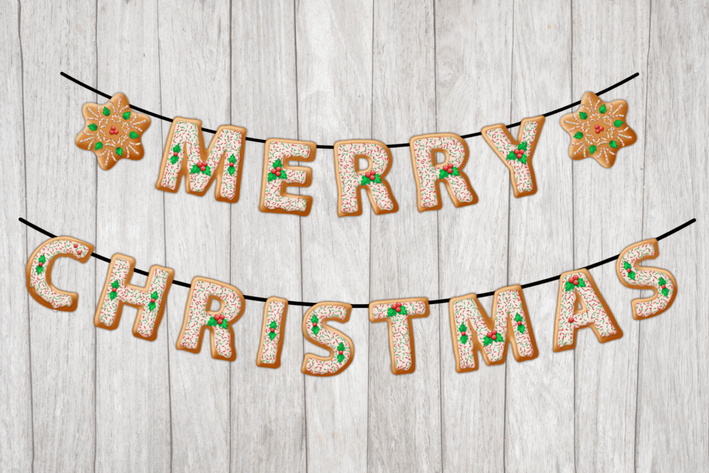 cute frosted cookie Merry Christmas banner printable free pdf download, Merry Christmas printable letters, Candyland Christmas banner garland DIY