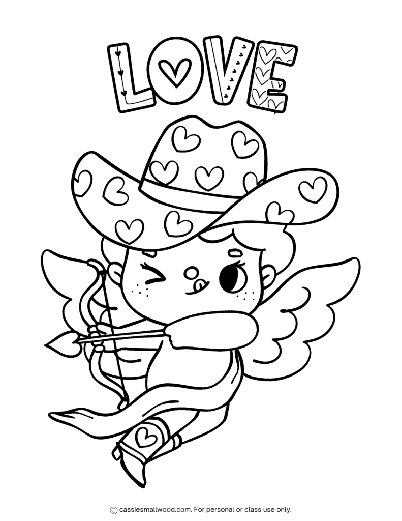 cowboy cupid Valentine coloring page free printable pdf, cute cupid Valentine's Day coloring sheet, Love coloring page