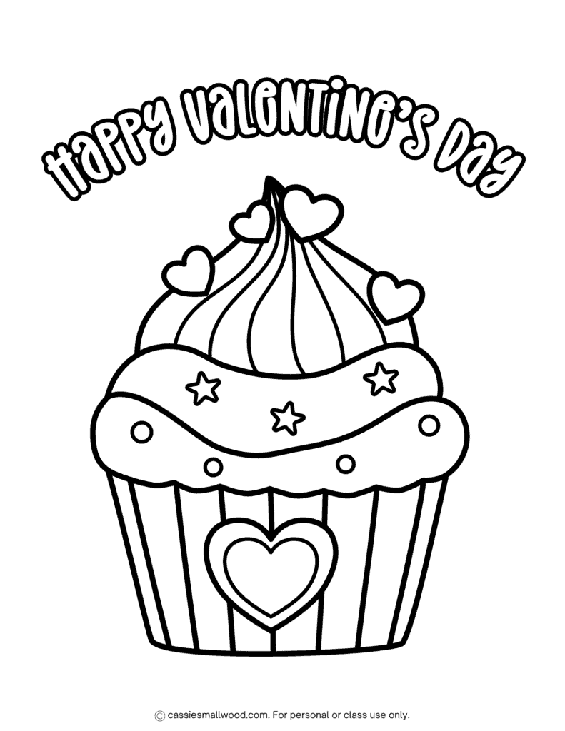 cupcake Happy Valentine's Day coloring sheet free printable pdf, cute Valentine coloring page for kids