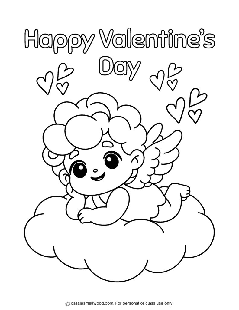 cupid Valentine's Day coloring page free printable pdf, cute Happy Valentine's Day coloring sheet for kids easy cartoon