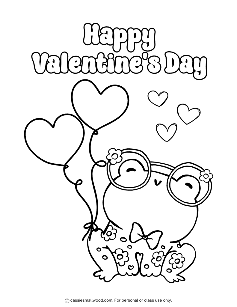 cute frog Valentine's Day coloring sheet for kids free printable pdf, cartoon animal Valentine coloring page