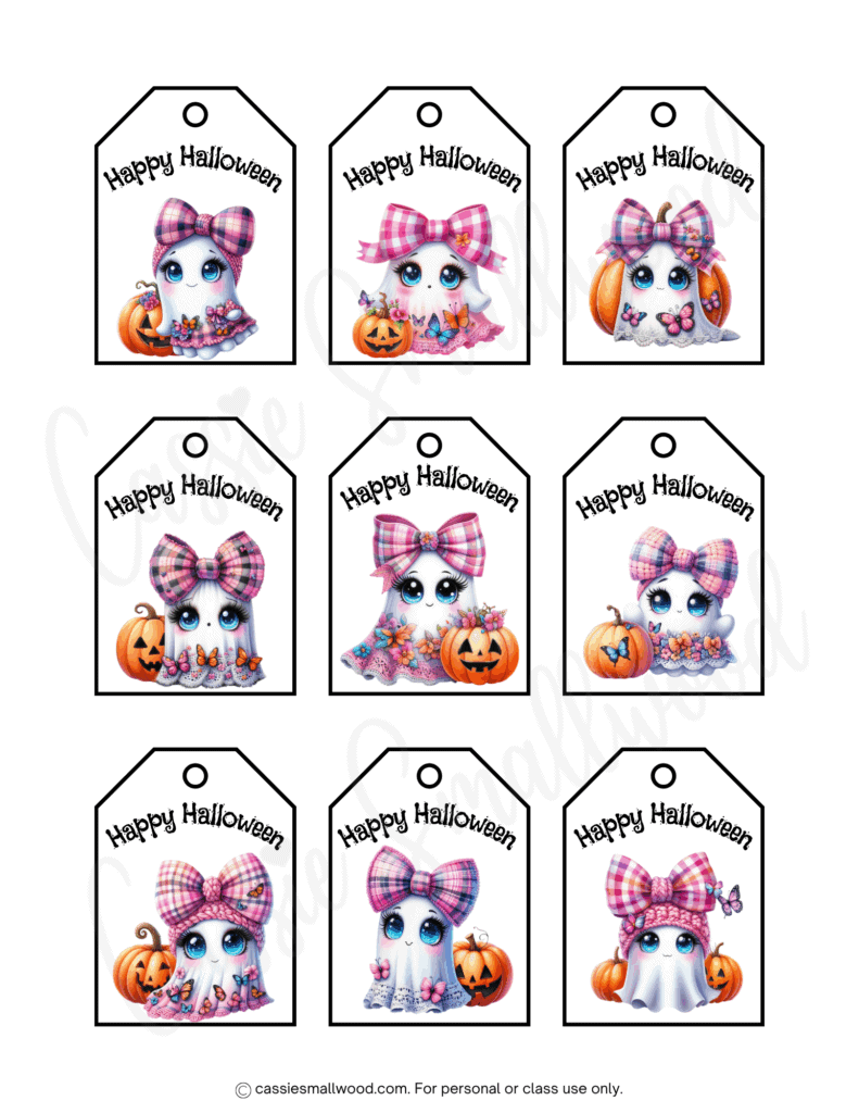cute ghost Halloween goodie bag tags free printable pdf, girl ghost Halloween treat bag tags