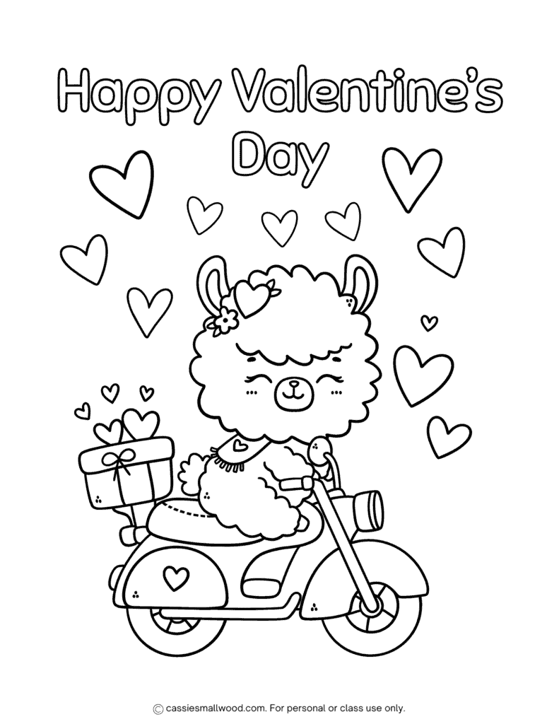 cute llama Valentine coloring page free printable pdf, animal Happy Valentine's Day coloring page for kids, llama coloring sheet cute