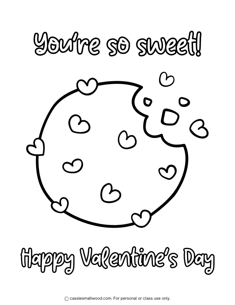 cute Valentine coloring page free printable pdf, chocolate chip cookie coloring sheet easy, food coloring page for kids Valentines