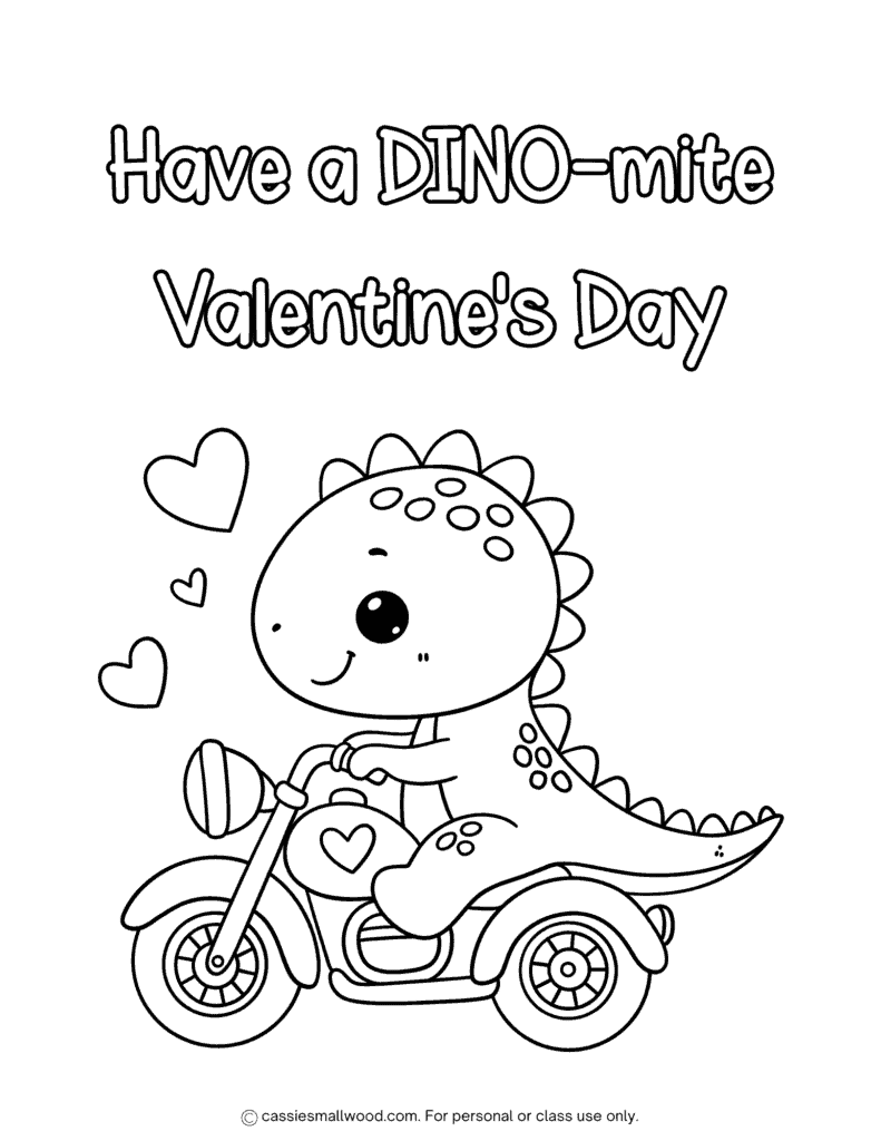 dinosaur Valentine coloring picture free printable pdf, cute cartoon dinosaur Valentine's Day coloring sheet for kids