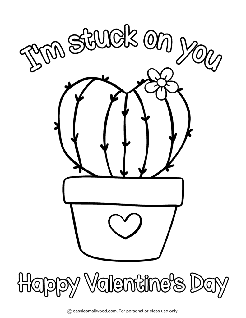 easy cactus Valentine's Day coloring sheet free printable pdf, preschool Happy Valentine's Day coloring page, cactus coloring picture