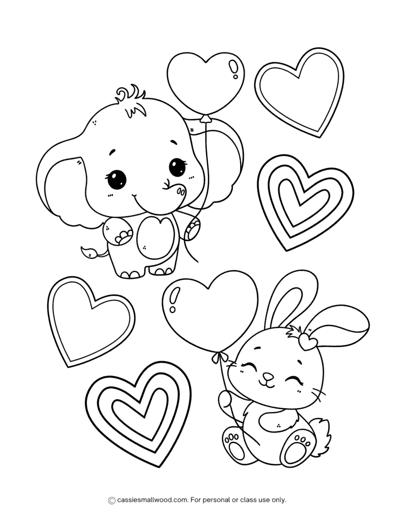 elephant and bunny Valentine coloring sheet with hearts free printable pdf, Heart and animals Valentine's Day coloring page for kids cute easy
