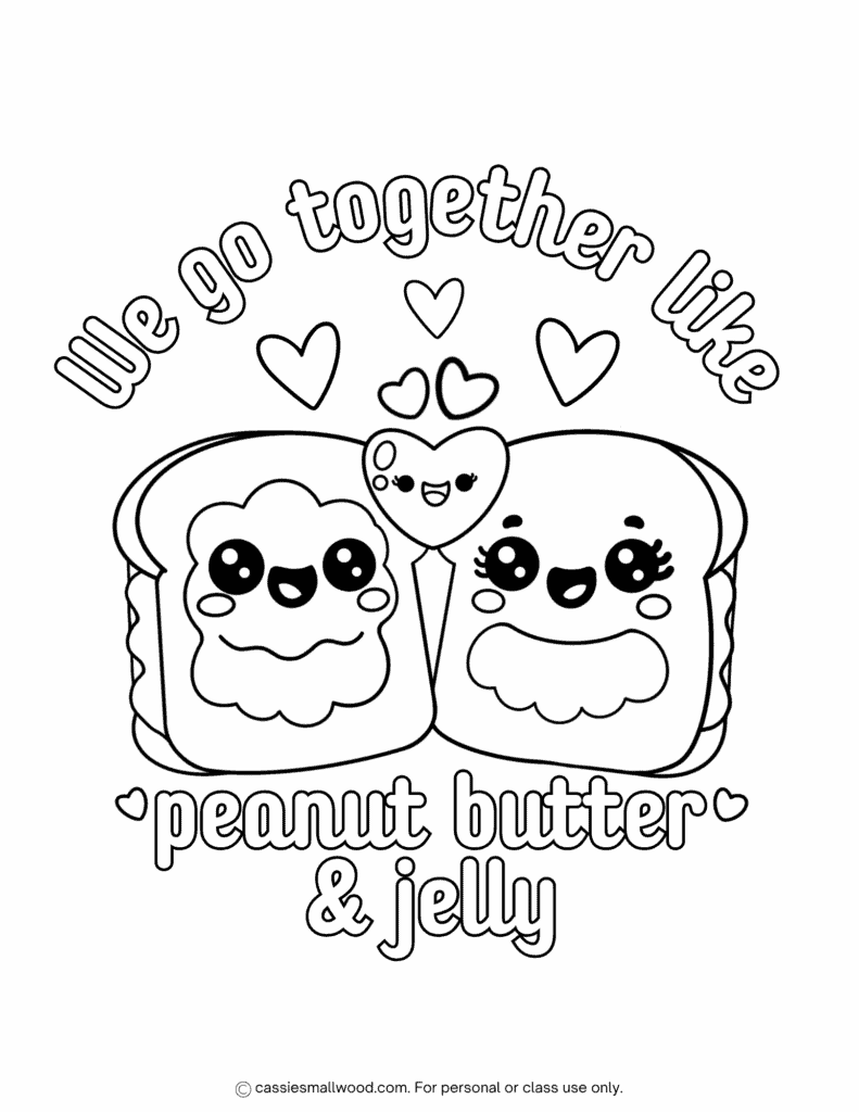 free printable Valentines coloring page pdf, peanut butter and jelly coloring sheet for Valentine's Day