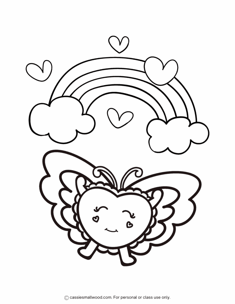 Free Valentines Day coloring page printable pdf, heart and rainbow coloring sheet for kids Valentines