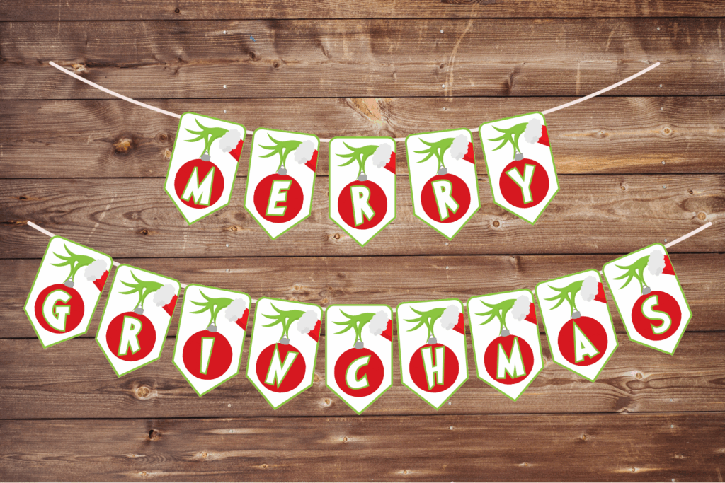 Grinch Merry Christmas banner free printable pdf download, Grinch Day decorations free printables, DIY Christmas bunting