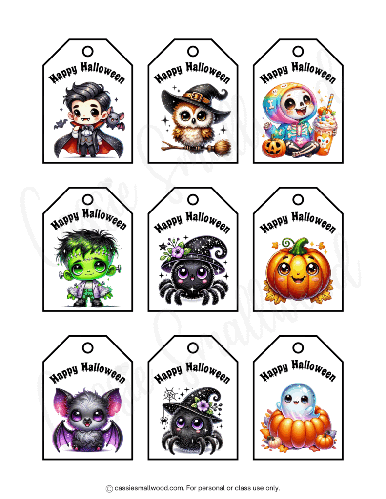 downloadable Happy Halloween tags free printable pdf, best Halloween gift bag tags, Halloween treat bag labels free printable pdf