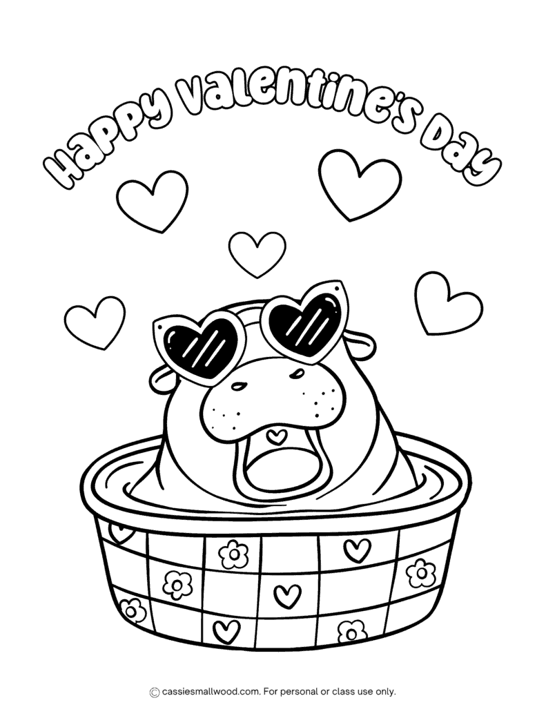 cute hippopotamus Valentines coloring page for kids free printable pdf, hippo coloring sheet, Happy Valentine's Day coloring picture cute animal