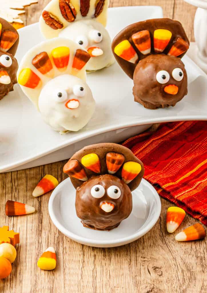 Cute Turkey shaped chocolate dipped pumpkin pie balls Thanksgiving treats for kids preschool kindergarten
