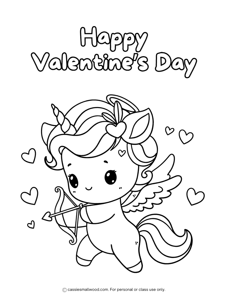 kawaii unicorn cupid Valentine coloring page free printable pdf, Happy Valentine's Day coloring sheet for kids cute easy