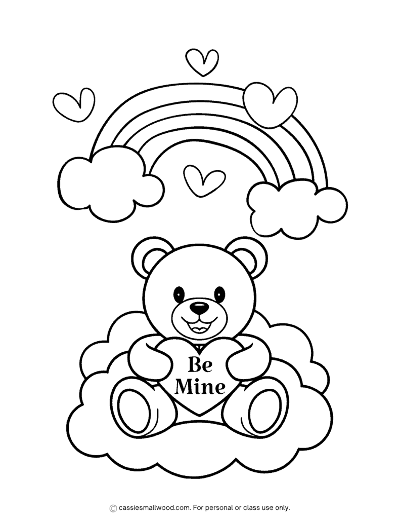 Kindergarten Valentine coloring page easy free printable pdf, rainbow and teddy bear be mine coloring sheet Valentines Day