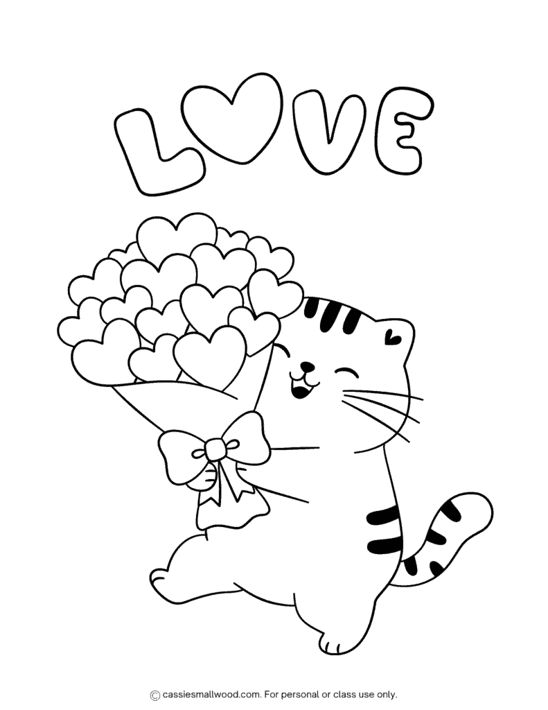 Love Valentine coloring page free printable pdf, cat Valentine's Day coloring sheet for kids easy