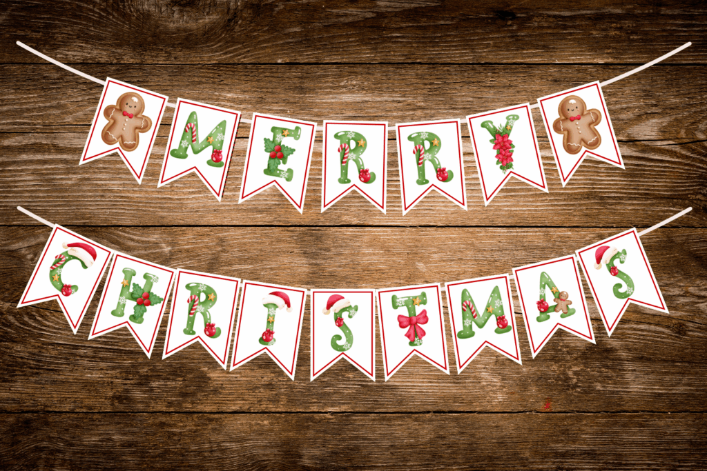Merry Christmas letters banner free printable pdf download, holiday banner to print diy Christmas decorations for classroom
