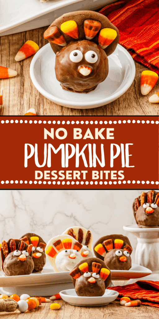 no bake pumpkin pie Thanksgiving dessert bites shaped like turkeys cute Friendsgiving potluck dessert finger food