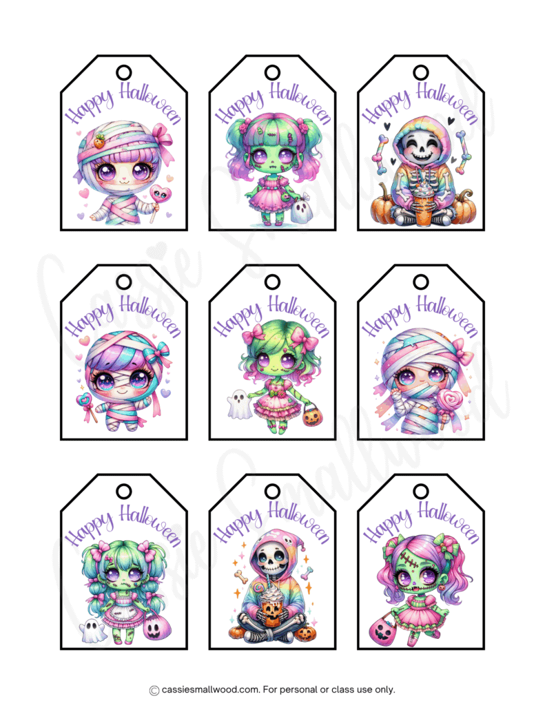 cute pastel Halloween gift bag tags free printable pdf, girl zombie Halloween tags, mummy Halloween candy goodie bag tags