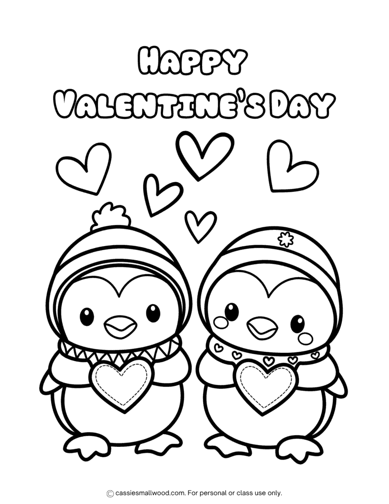free penguin Valentines coloring page printable pdf for kids, Happy Valentine's Day coloring sheet for kids, February coloring picture