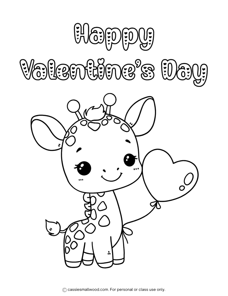 preschool giraffe Valentine coloring page free printable pdf, Happy Valentine's Day coloring page preschoolers, cute animal Valentines coloring picture