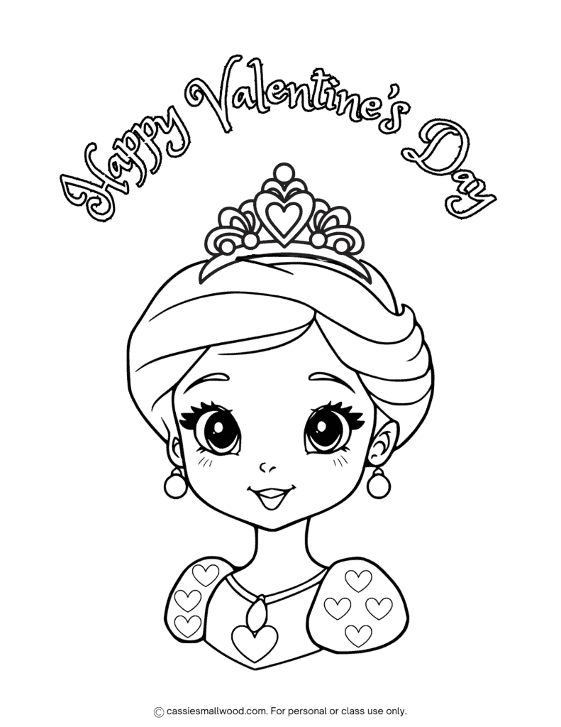 cartoon princess valentine coloring page free printable pdf, princess Happy Valentine's Day coloring sheet for kids easy