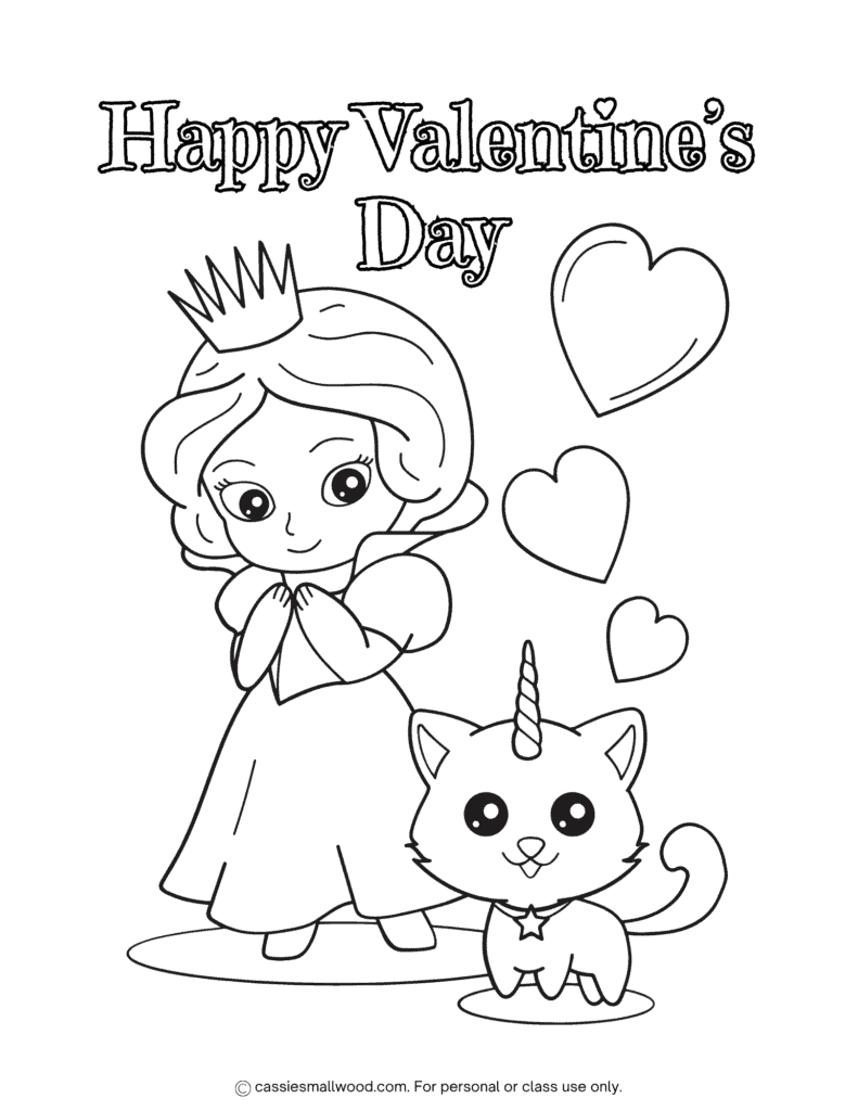 princess and caticorn Valentines coloring sheet free printable pdf, princess Valentine's Day coloring page, caticorn happy valentines day coloring page for kids cartoon