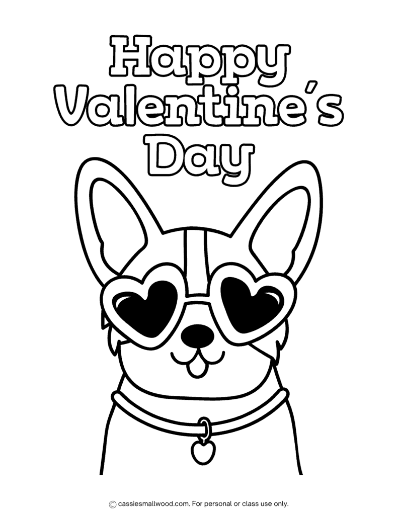 puppy Valentine coloring page free printable pdf, dog Happy Valentine's Day coloring sheet for kids preschool easy